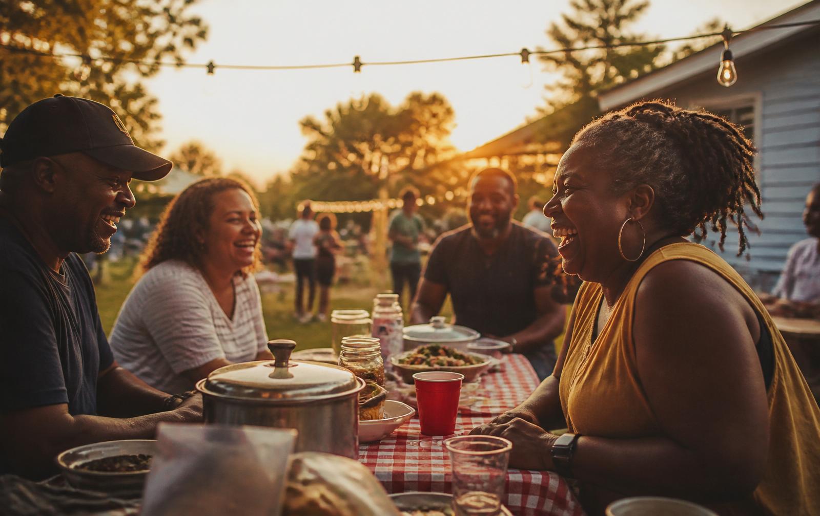 Members laughing around a cookout table at golden hour